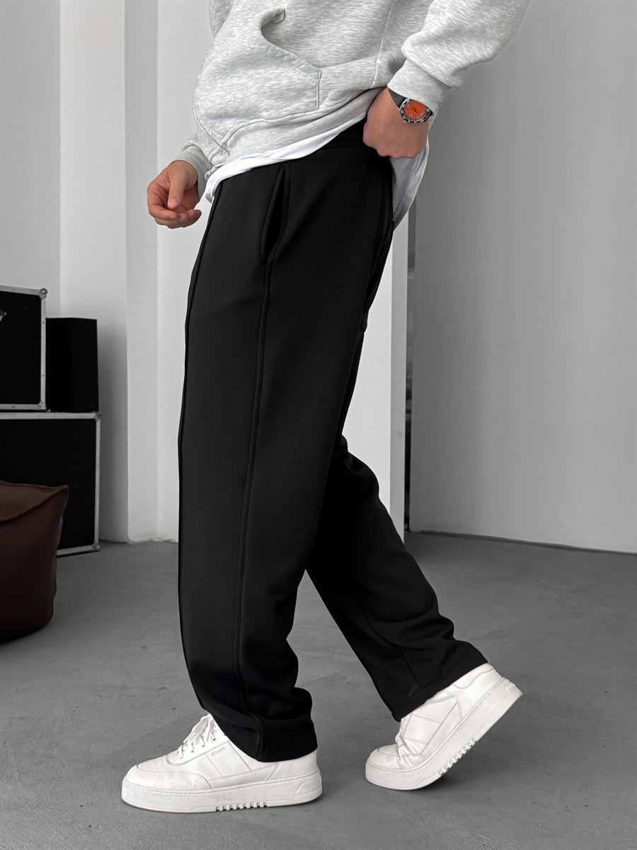 Black Pintuck Straight-Leg Joggers