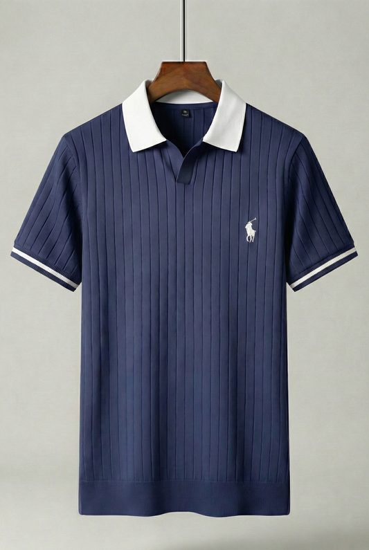 Premium Ribbed Knit Open Collar Polo Shirt