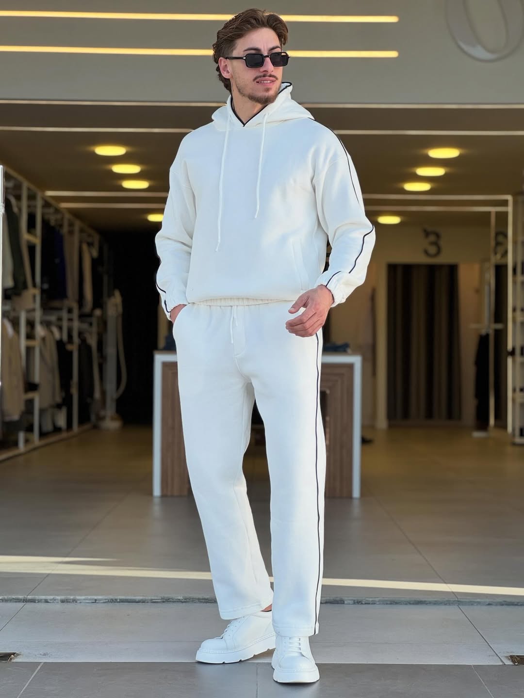 Men's White Tracksuit Black Contrast Piping
