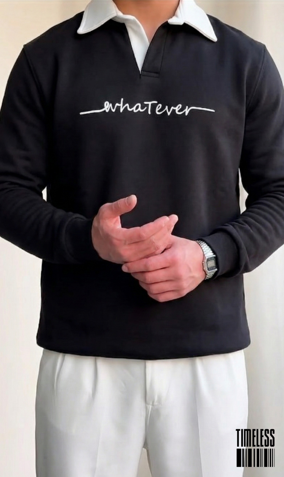 "Whatever" Contrast Collar Polo Sweatshirt