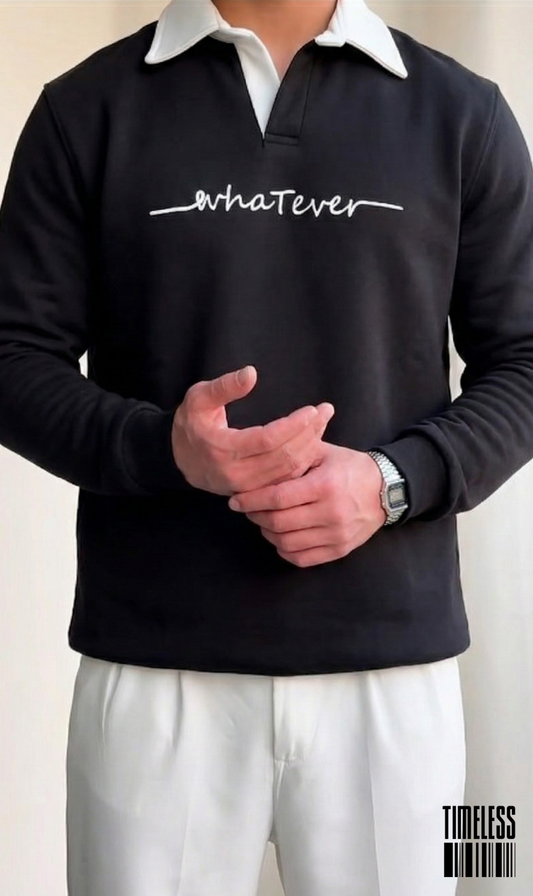 "Whatever" Contrast Collar Polo Sweatshirt