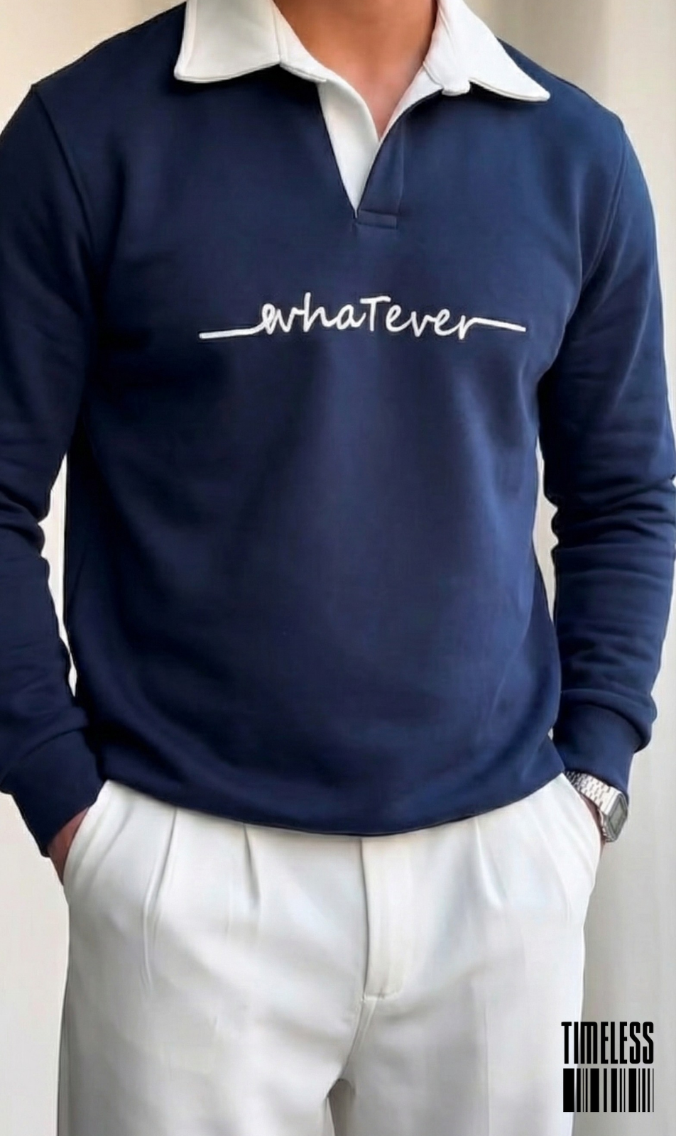 "Whatever" Contrast Collar Polo Sweatshirt