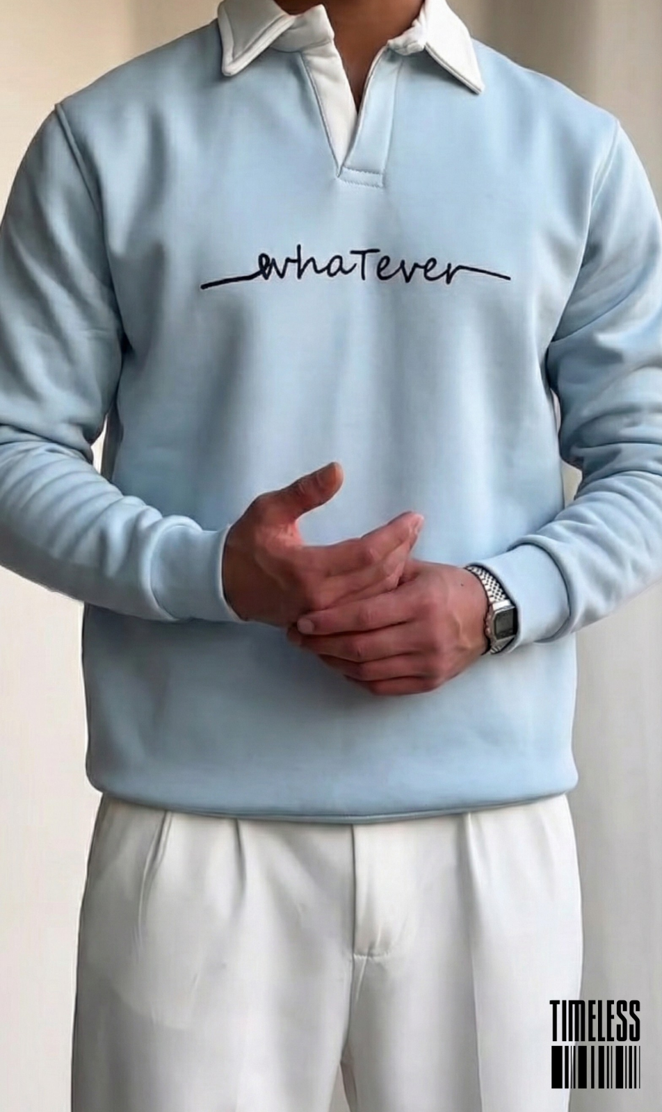 "Whatever" Contrast Collar Polo Sweatshirt