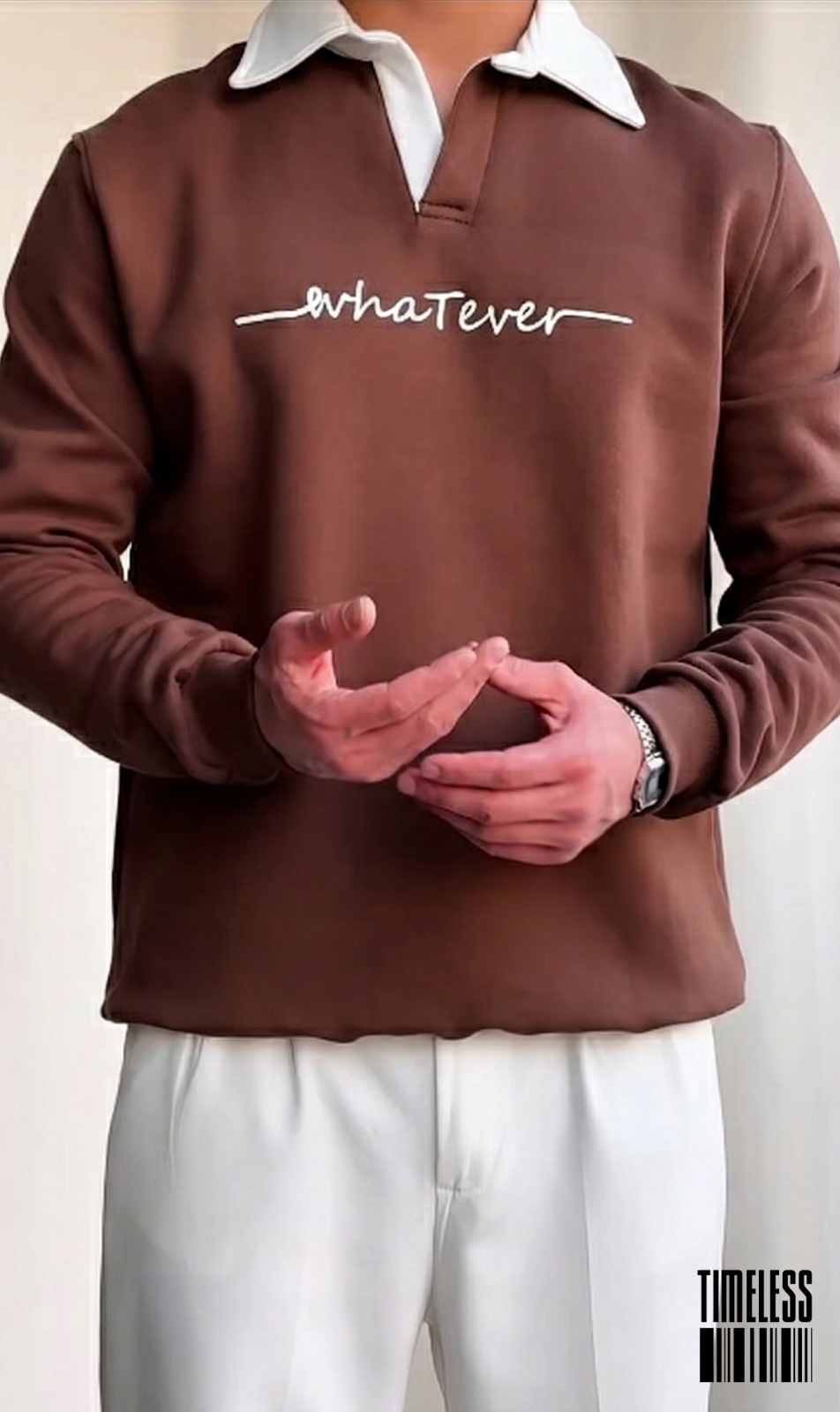 "Whatever" Contrast Collar Polo Sweatshirt