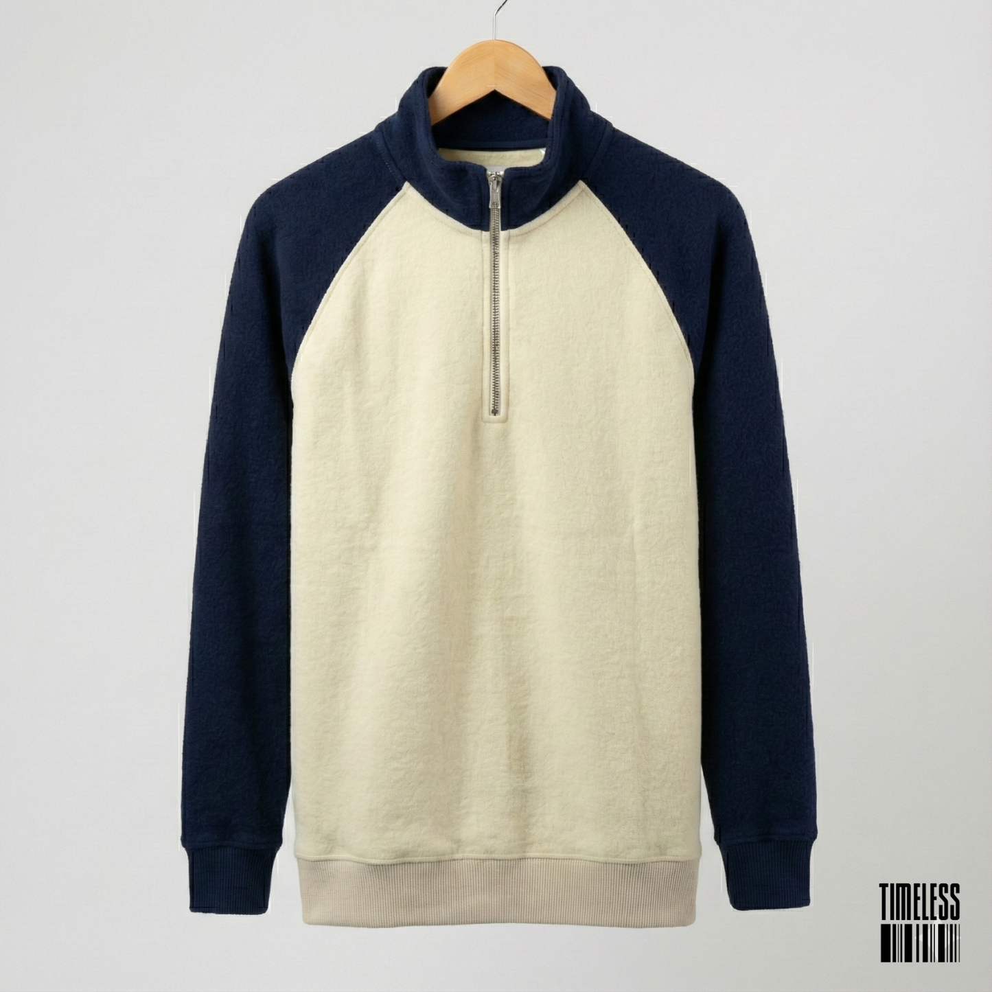 Raglan Sleeve Quarter Zip Pullover Sweatshirt Cream And Navy Blue