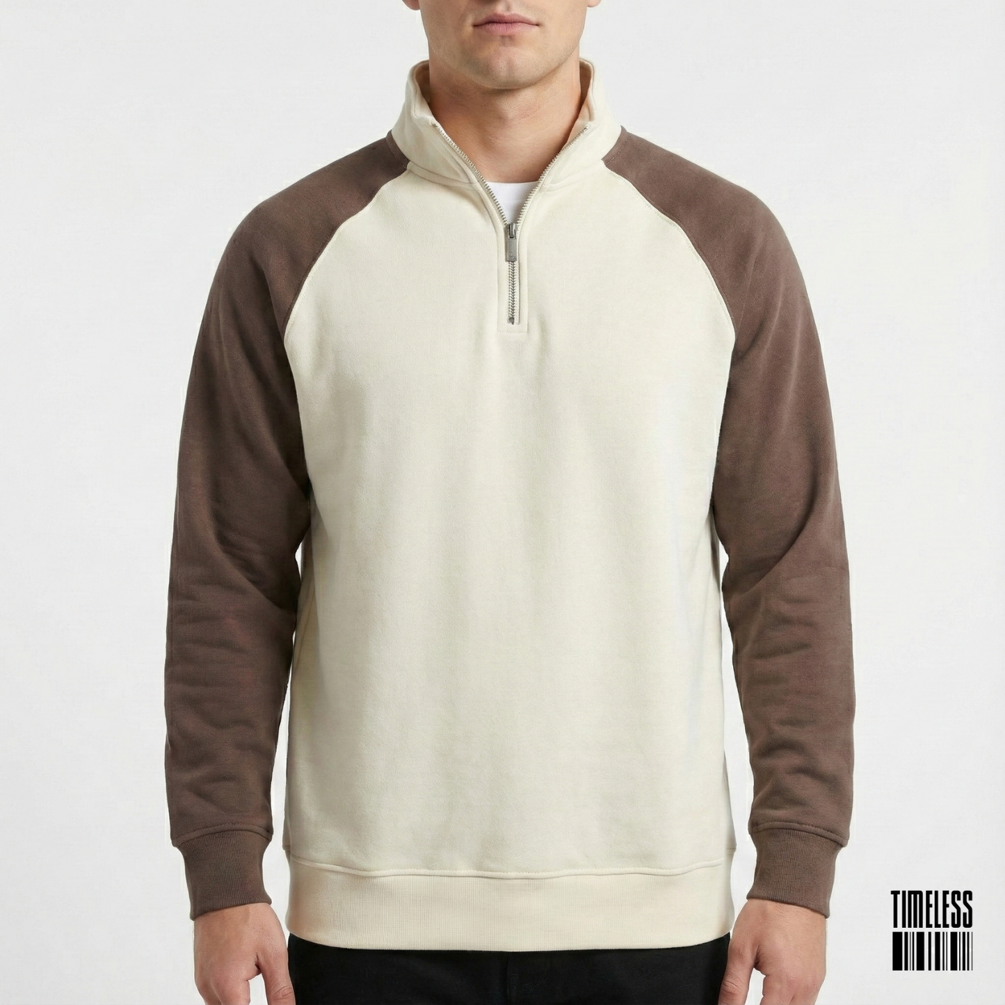 Two Tone Raglan Quarter Zip Pullover Sweatshirt Cream Brown