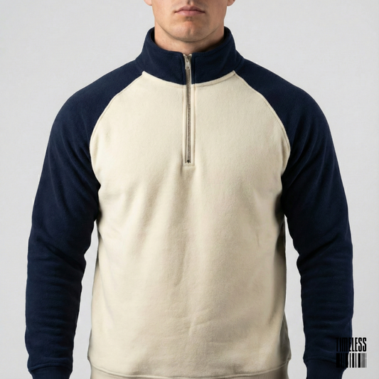 Raglan Sleeve Quarter Zip Pullover Sweatshirt Cream And Navy Blue
