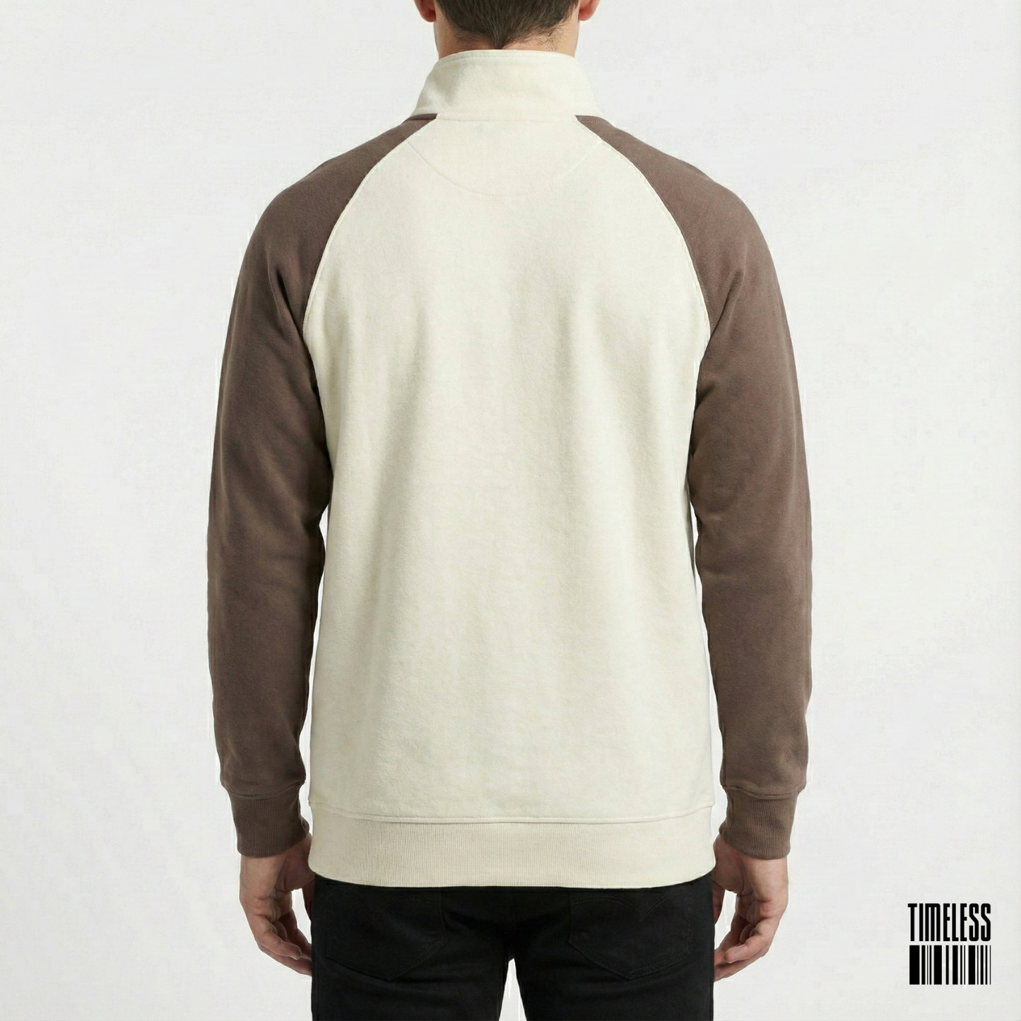Two Tone Raglan Quarter Zip Pullover Sweatshirt Cream Brown