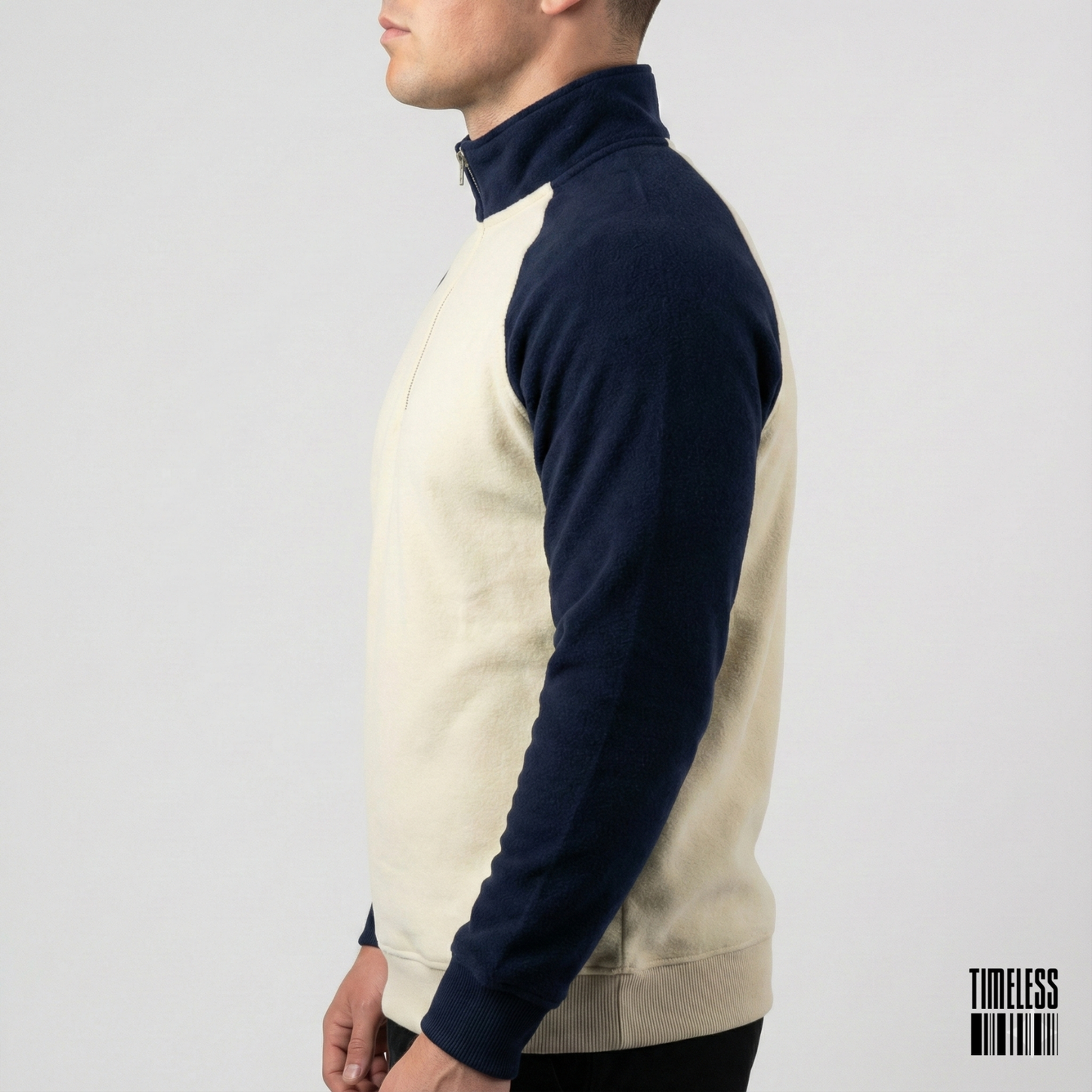 Raglan Sleeve Quarter Zip Pullover Sweatshirt Cream And Navy Blue