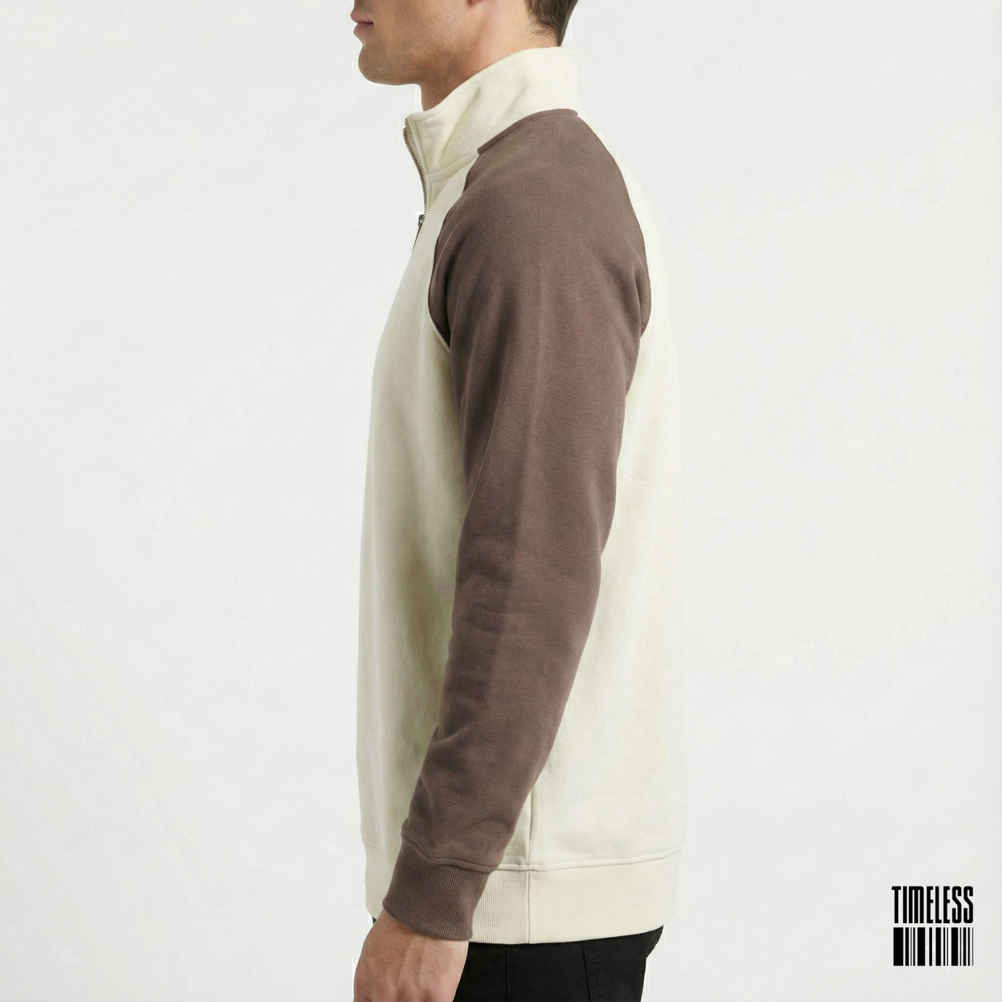 Two Tone Raglan Quarter Zip Pullover Sweatshirt Cream Brown