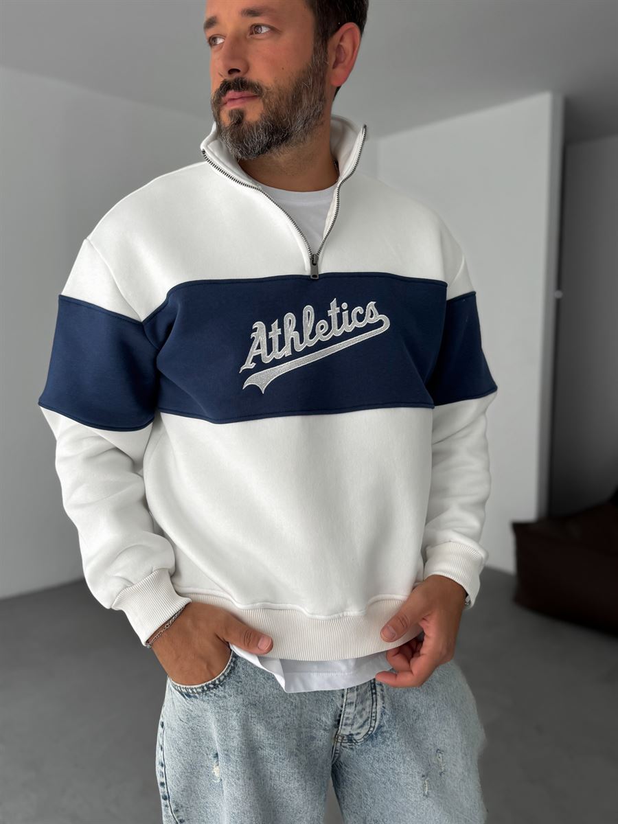 Quarter Zip Sweatshirt White and navy
