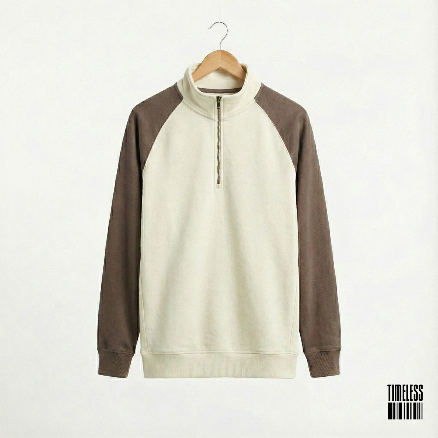 Two Tone Raglan Quarter Zip Pullover Sweatshirt Cream Brown