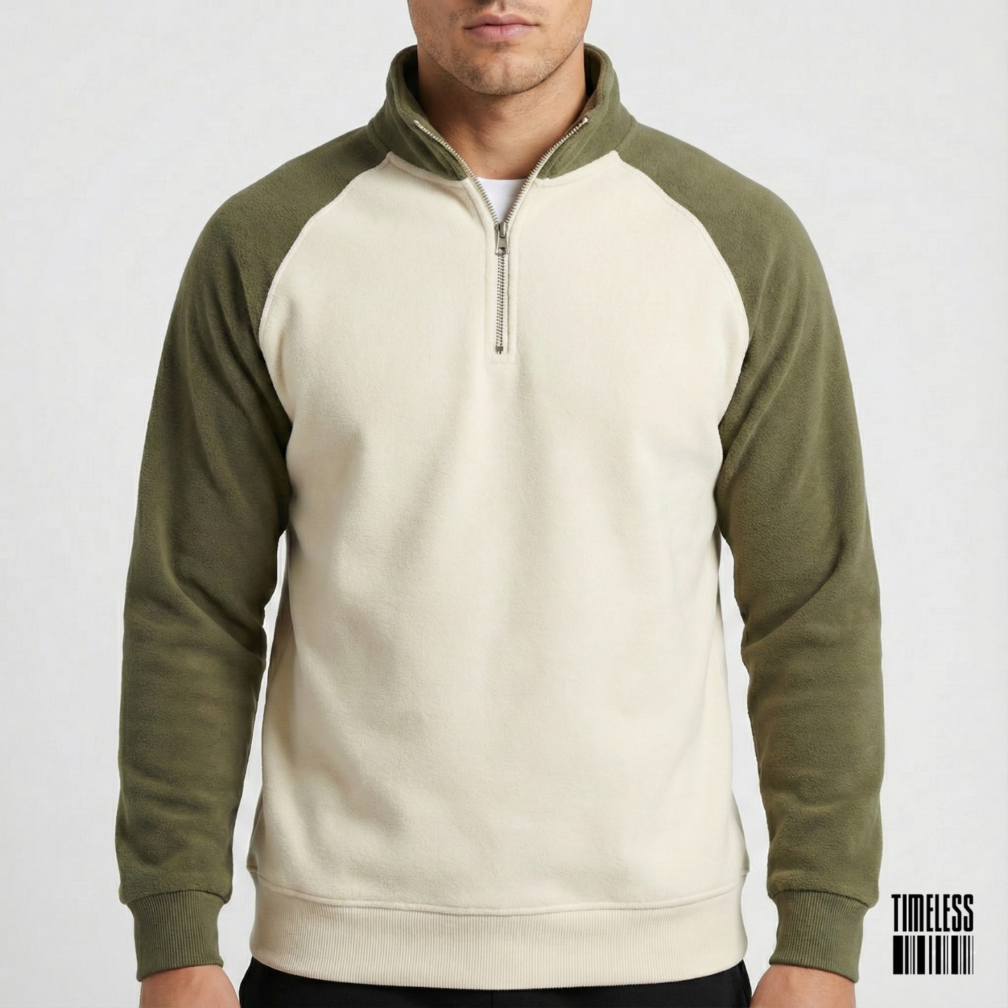 Raglan Sleeve Quarter Zip Pullover Sweatshirt Cream And Olive Green