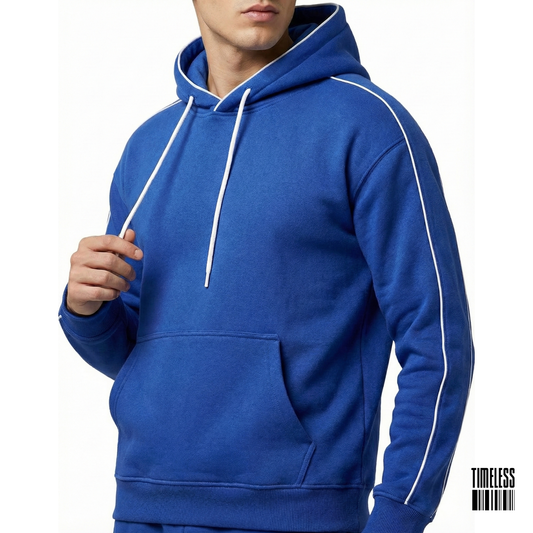 Royal Blue Pullover Hoodie With Contrast Piping Detail