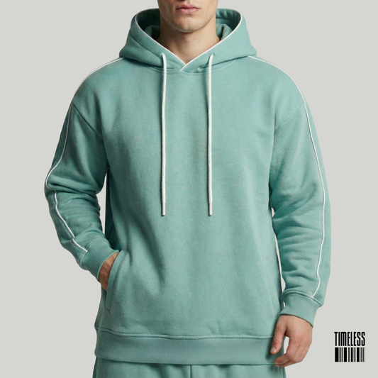 Teal Green Pullover Hoodie With Contrast White Piping