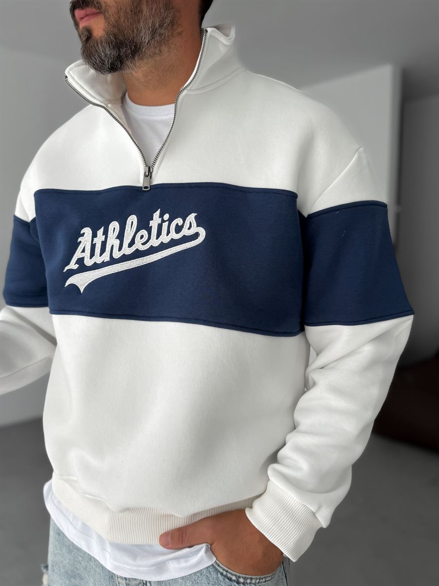 Quarter Zip Sweatshirt White and navy