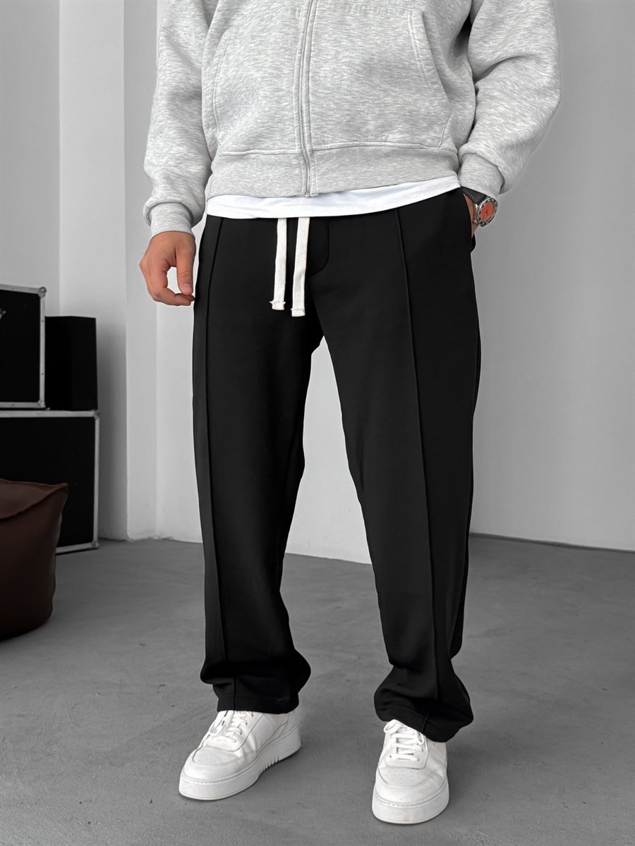 Black Pintuck Straight-Leg Joggers