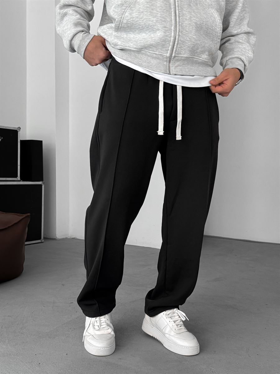 Black Pintuck Straight-Leg Joggers