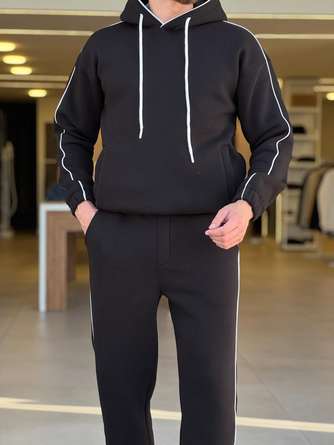 Men's Black Tracksuit with White Accent Piping
