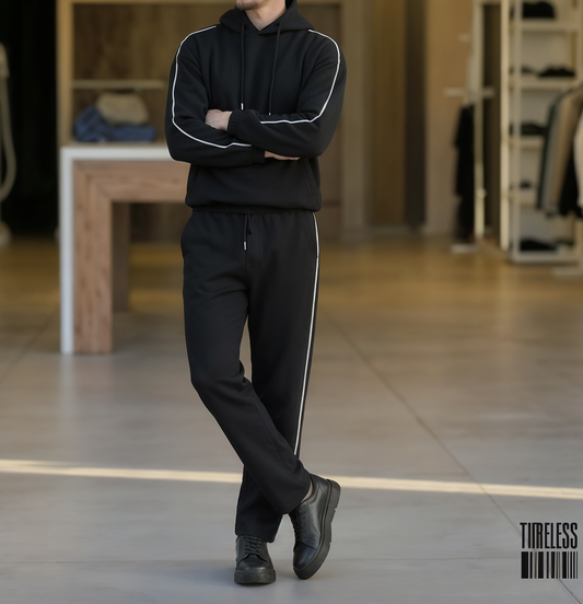 Men's Black Tracksuit with White Accent Piping