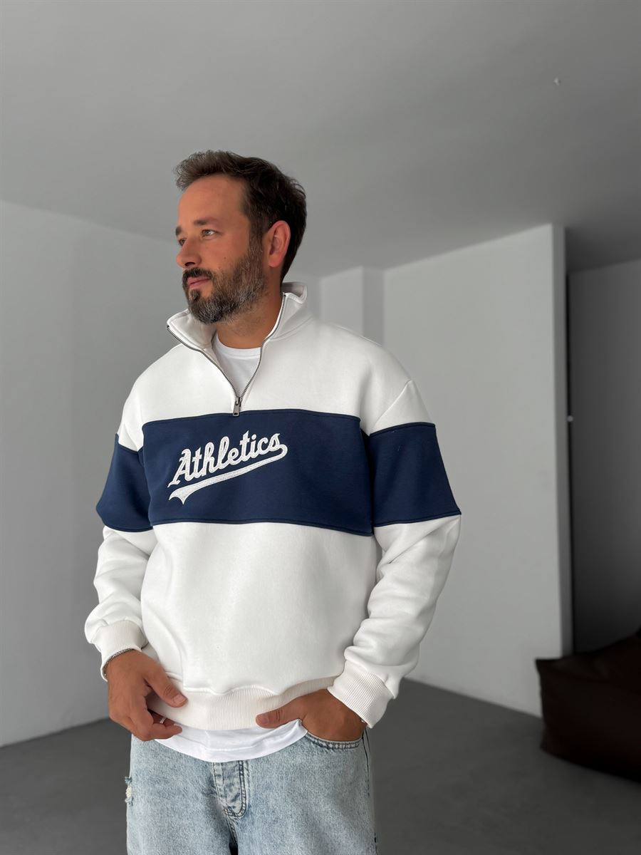Quarter Zip Sweatshirt White and navy